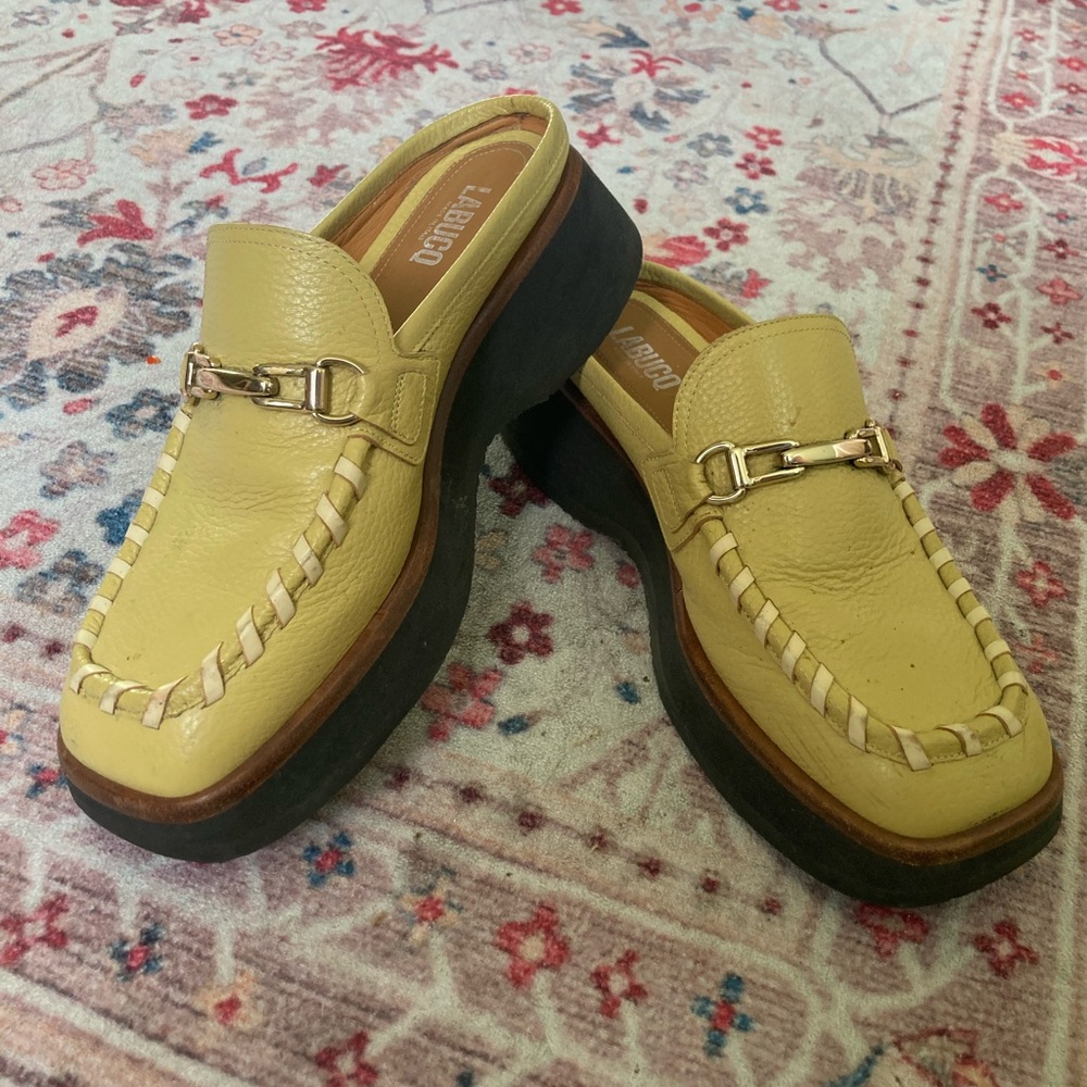 Labucq Koko Moc Yellow/Green Leather Loafers with Silver Buckle